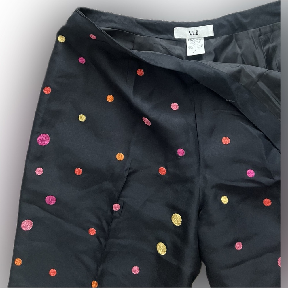 VINTAGE 100% Silk Multicolor Polka Dot Black Pants By S.L.B. Size 8. - Picture 8 of 14